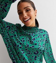 Cameo Rose Green Leopard Print Shirred High Neck Long Sleeve Blouse